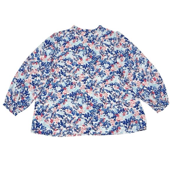 Talbots Top Plus Size 3X Blue Pink Floral Popover Blouse Ruffles Preppy Resort - Picture 2 of 11
